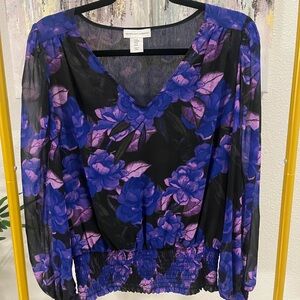 cupcakes & cashmere Black and Purple Floral Blouse